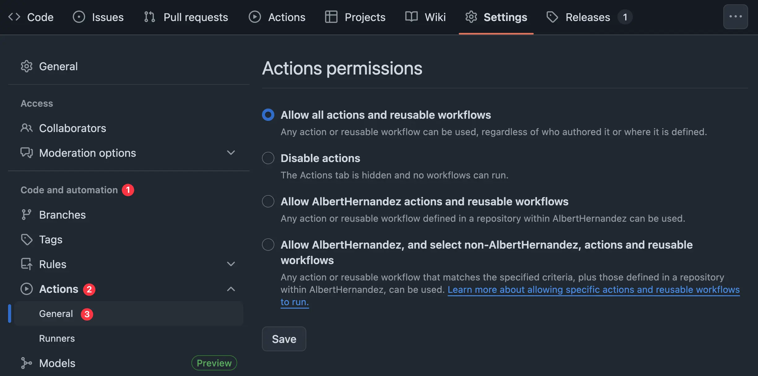 Navigating to GitHub Actions settings in the repository menu