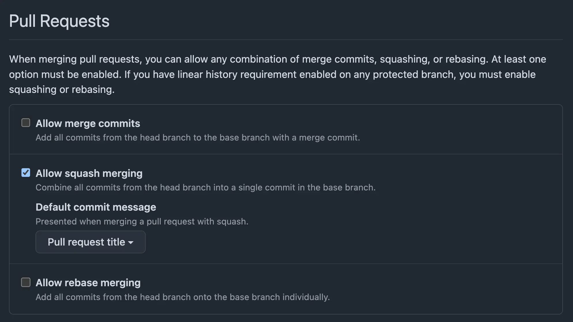 GitHub repository settings showing how to enable squash merges and set commit message to pull request title