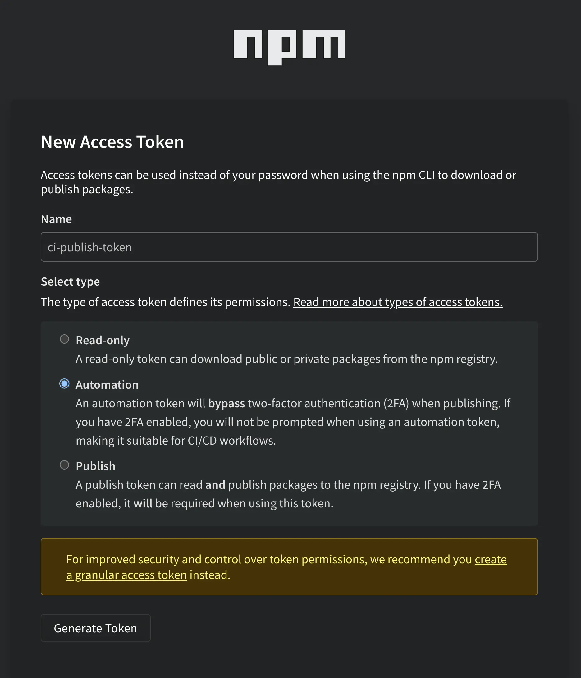 Form in npm to create a new token selecting the 'Automation' type