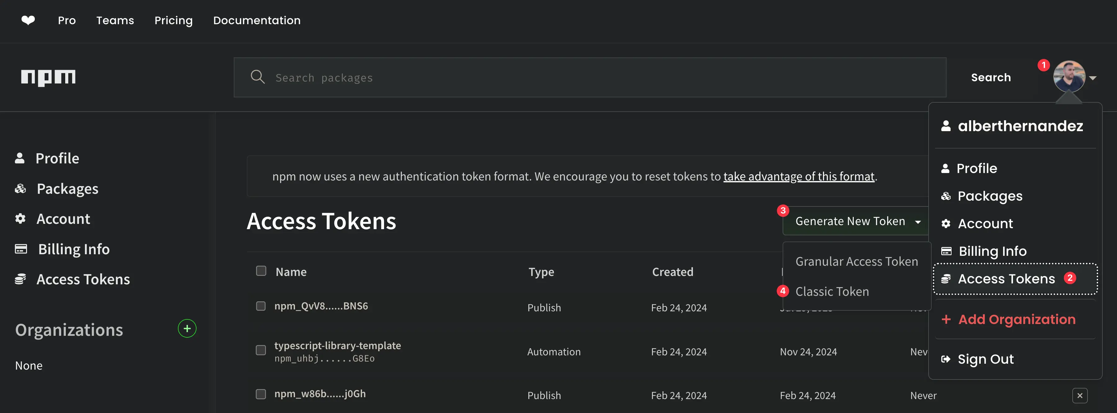 Steps to navigate to the 'Access Tokens' section in the npm profile settings