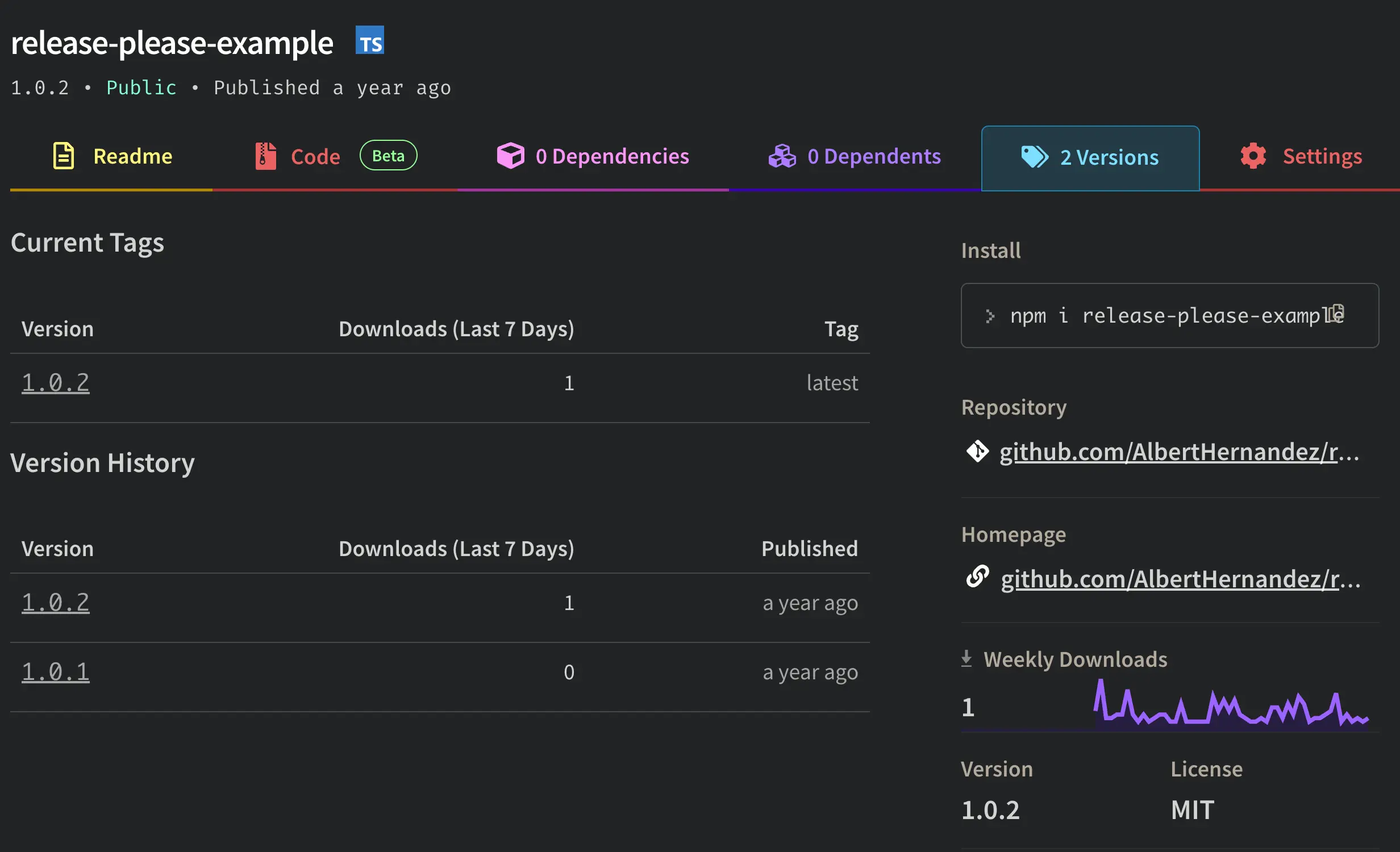 NPM package page showing the new version released using release-please