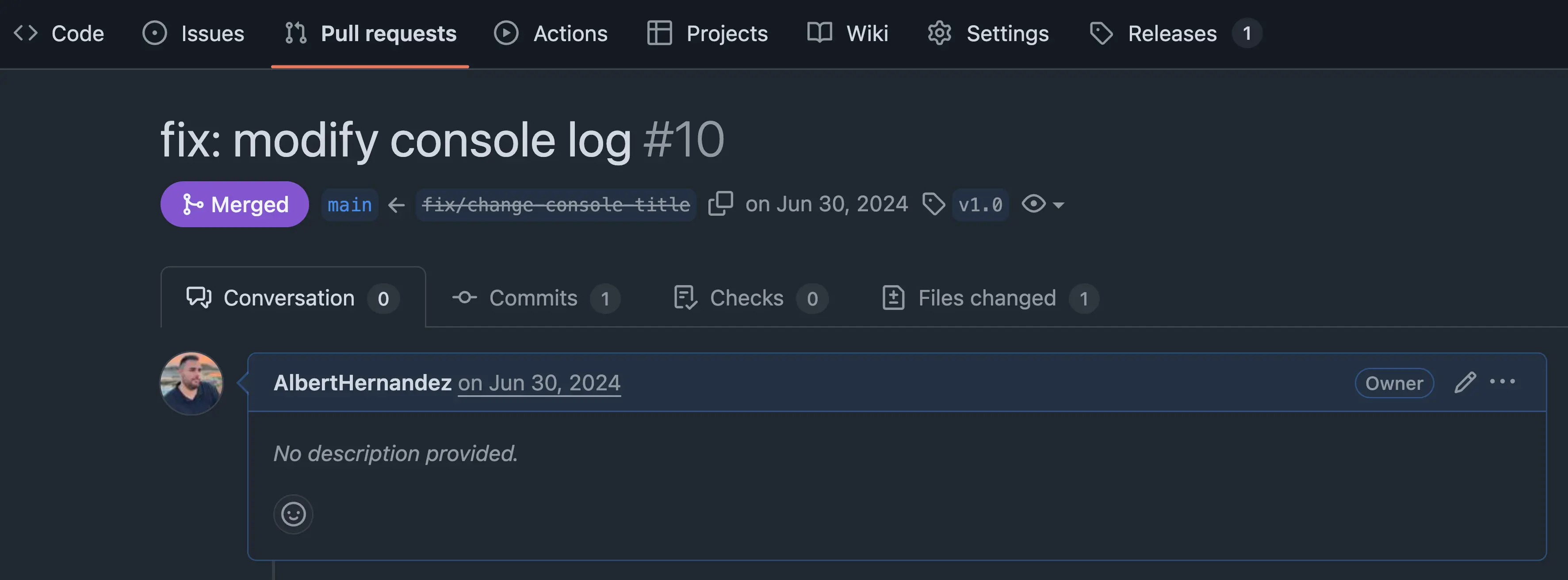 GitHub pull request showing a title using the Conventional Commits format