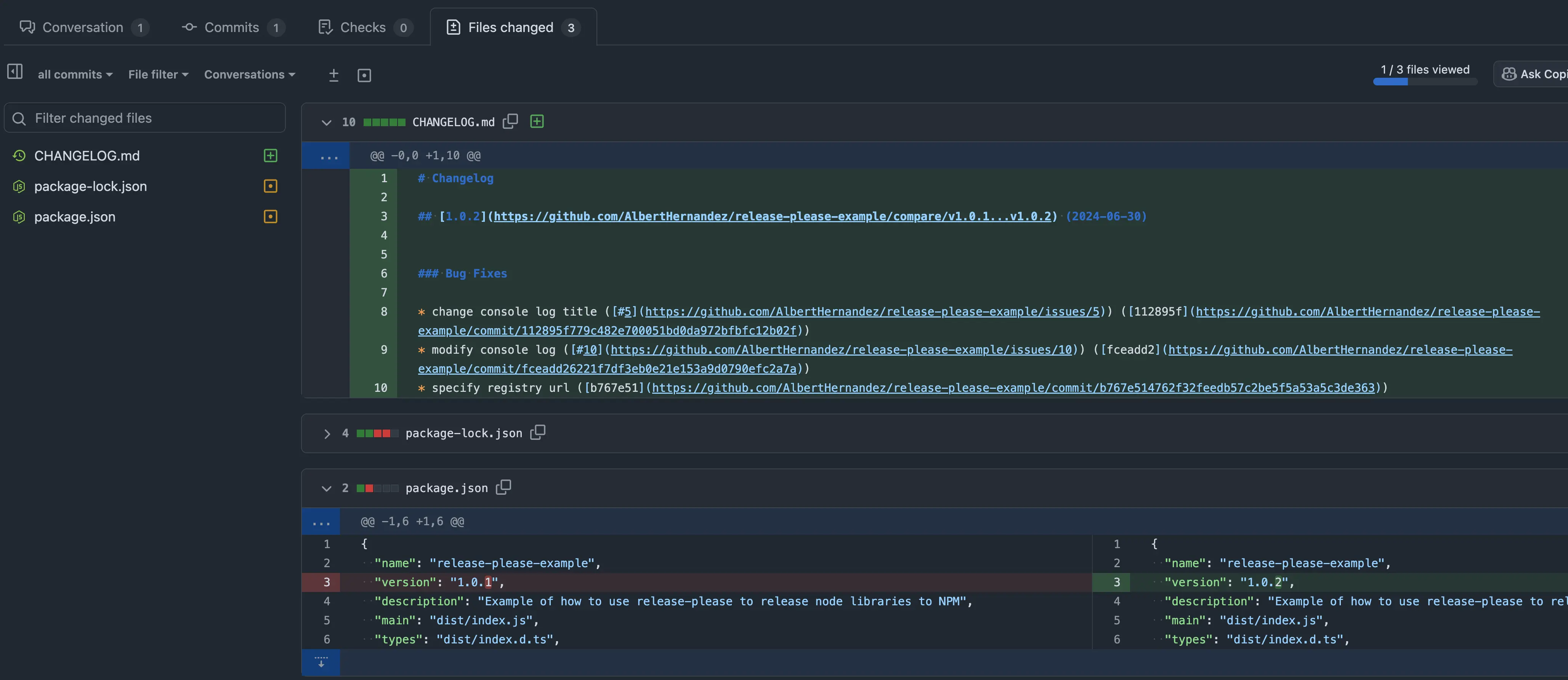 Changed files view showing autogenerated changelog and package.json version bump