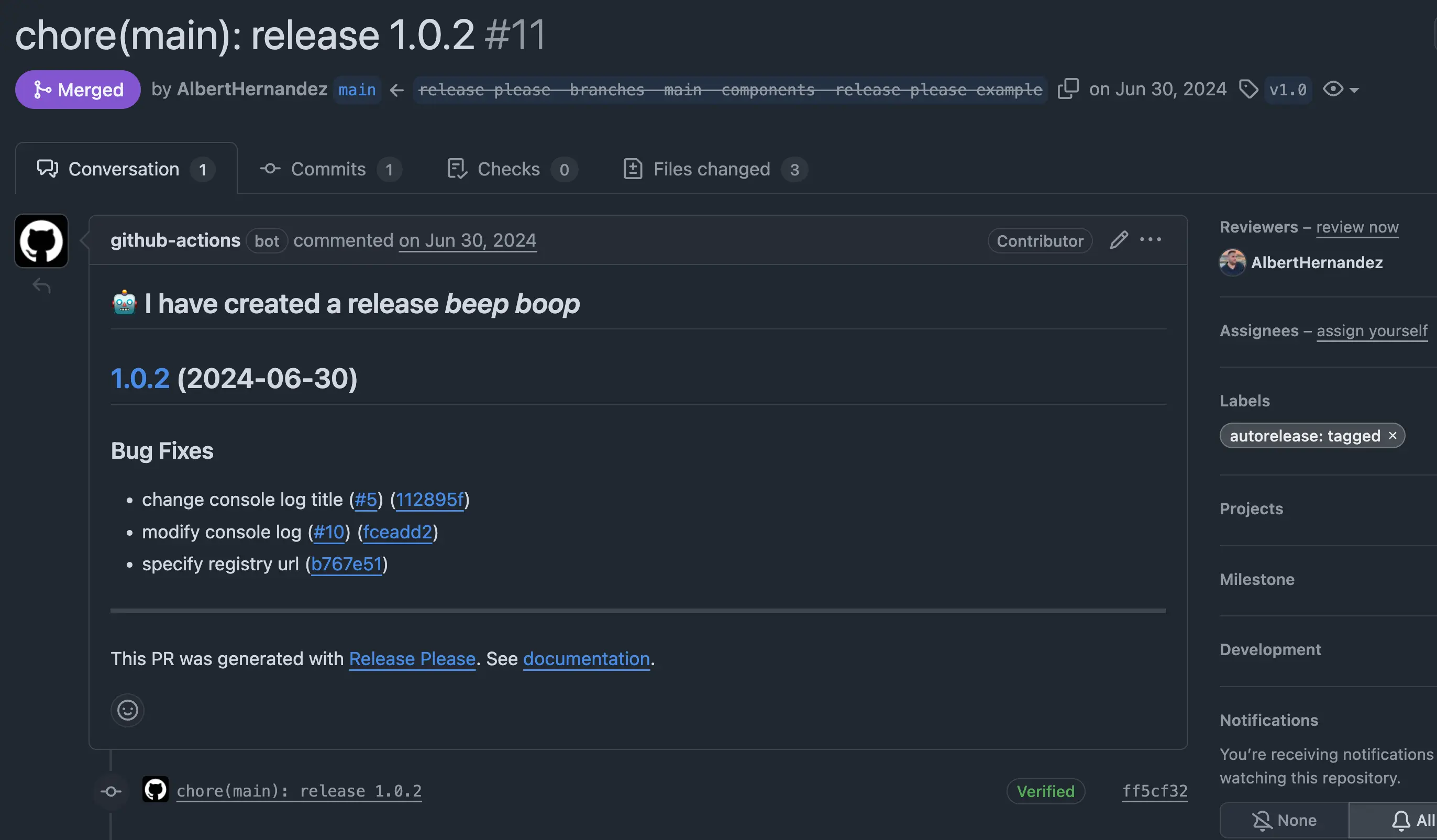 Pull request created by release-please showing pending release version 1.0.2 with list of changes